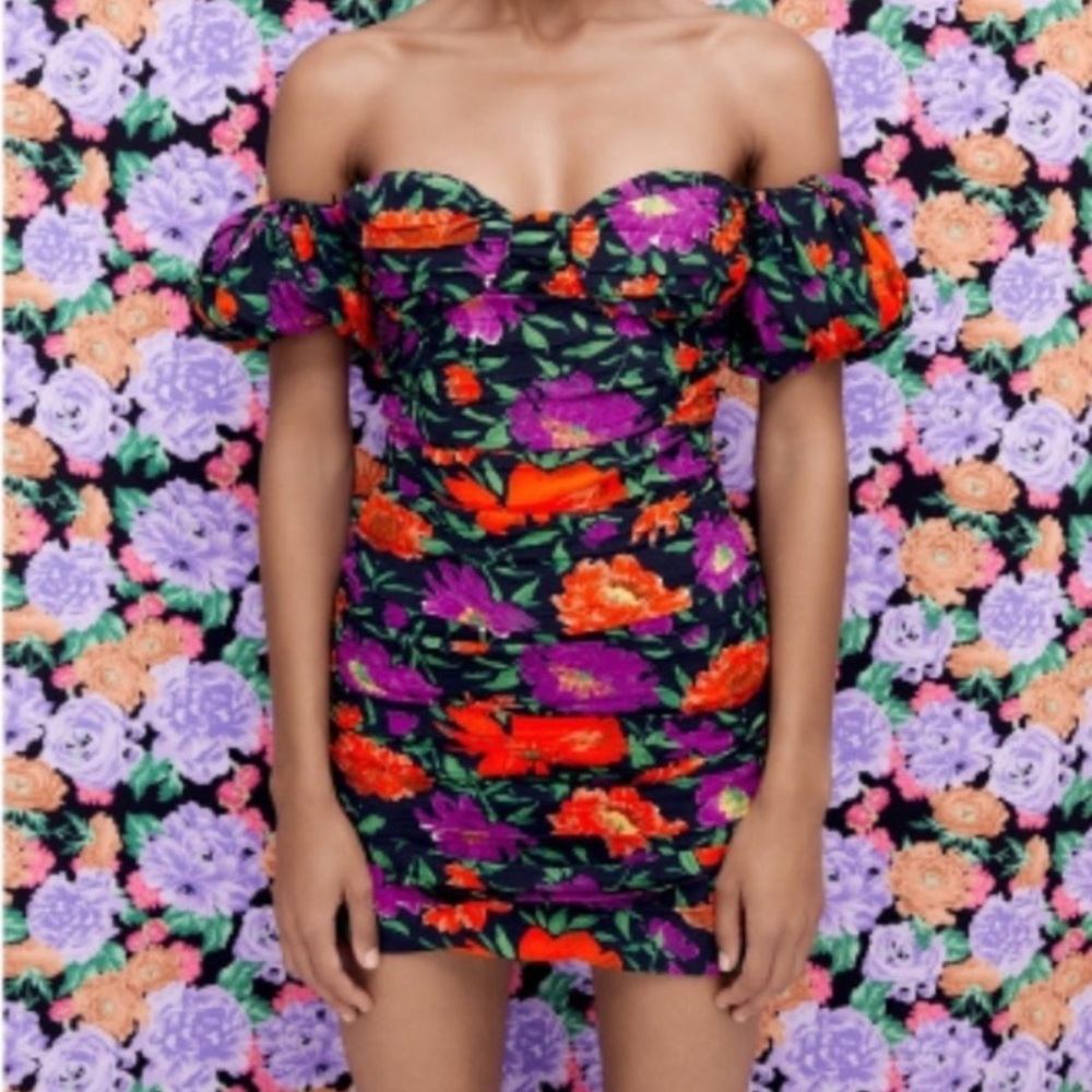 Zara Floral Off the Shoulder Puff Sleeve Mini Dress with Ruching size S